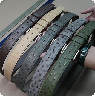 Ostrich leather custom belt samples in multiple colors