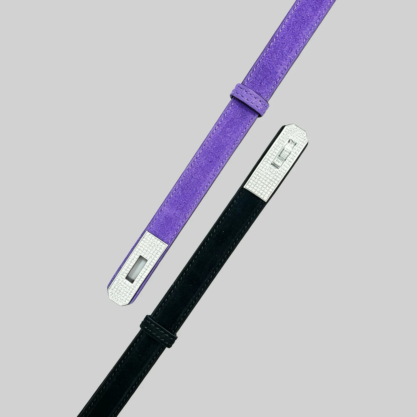 Black and purple slim suede belts with silver crystal buckles