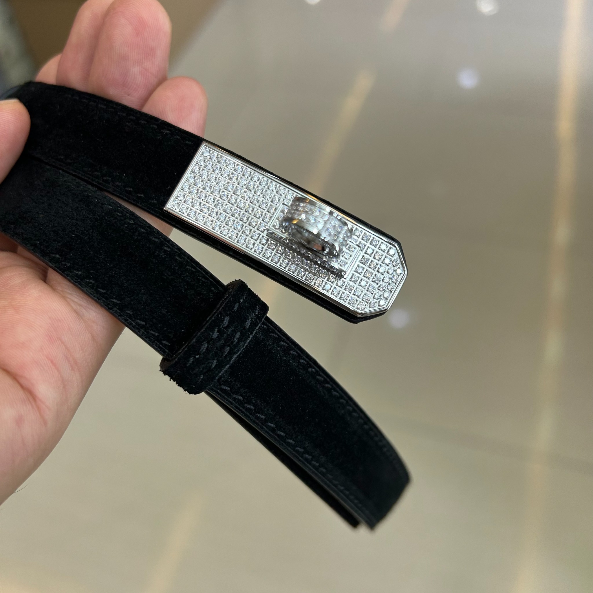 Black slim suede belt with silver crystal lock buckle
