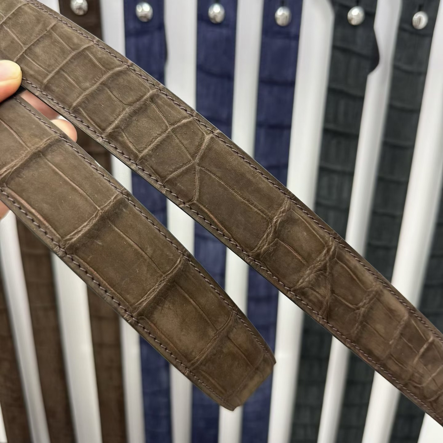Brown crocodile-embossed leather replacement belt strap