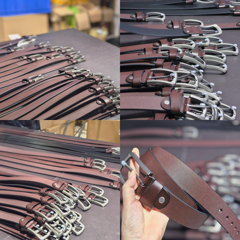 Custom leather belt manufacturing process with finished belts and quality inspection in China factory