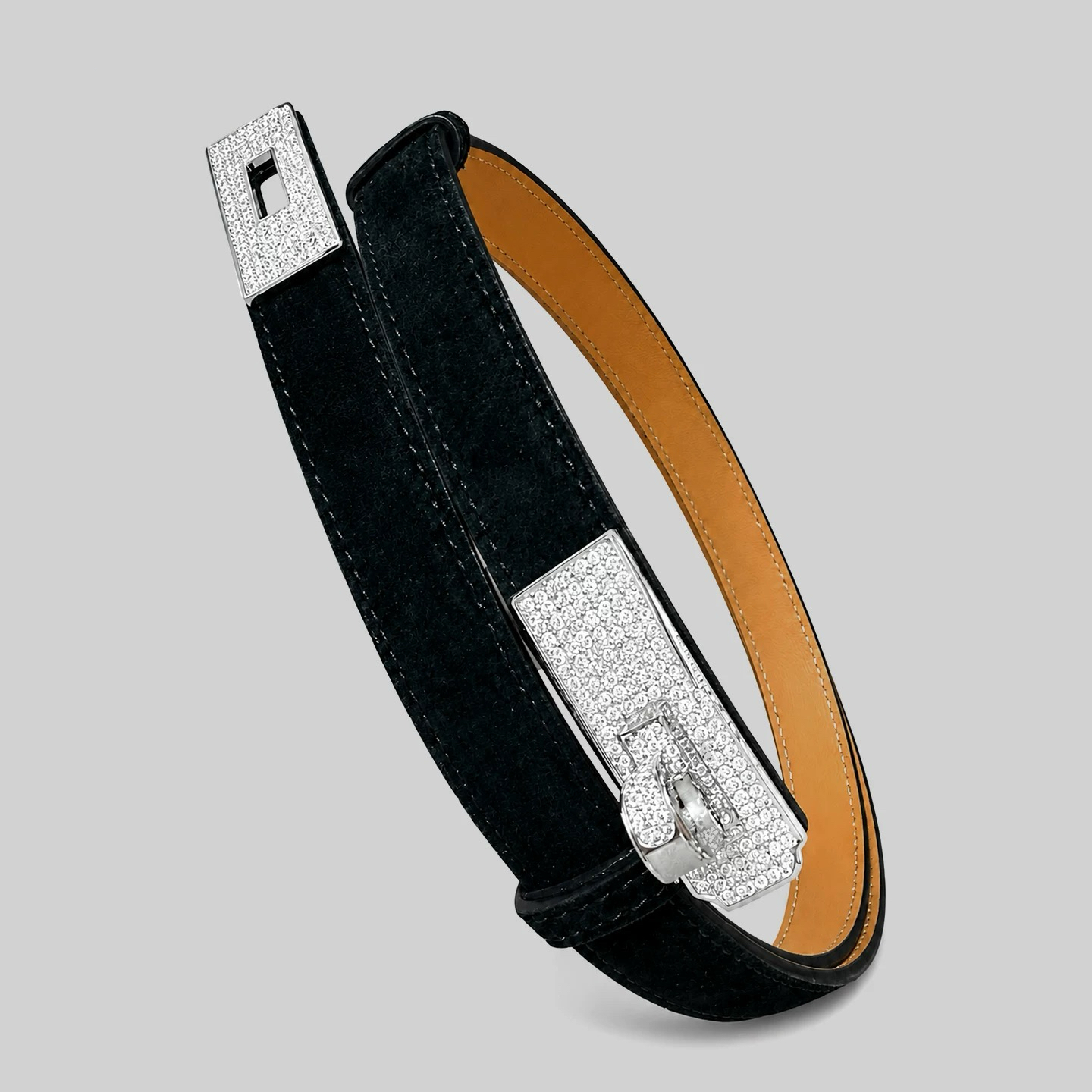Black slim suede belt with silver crystal buckle