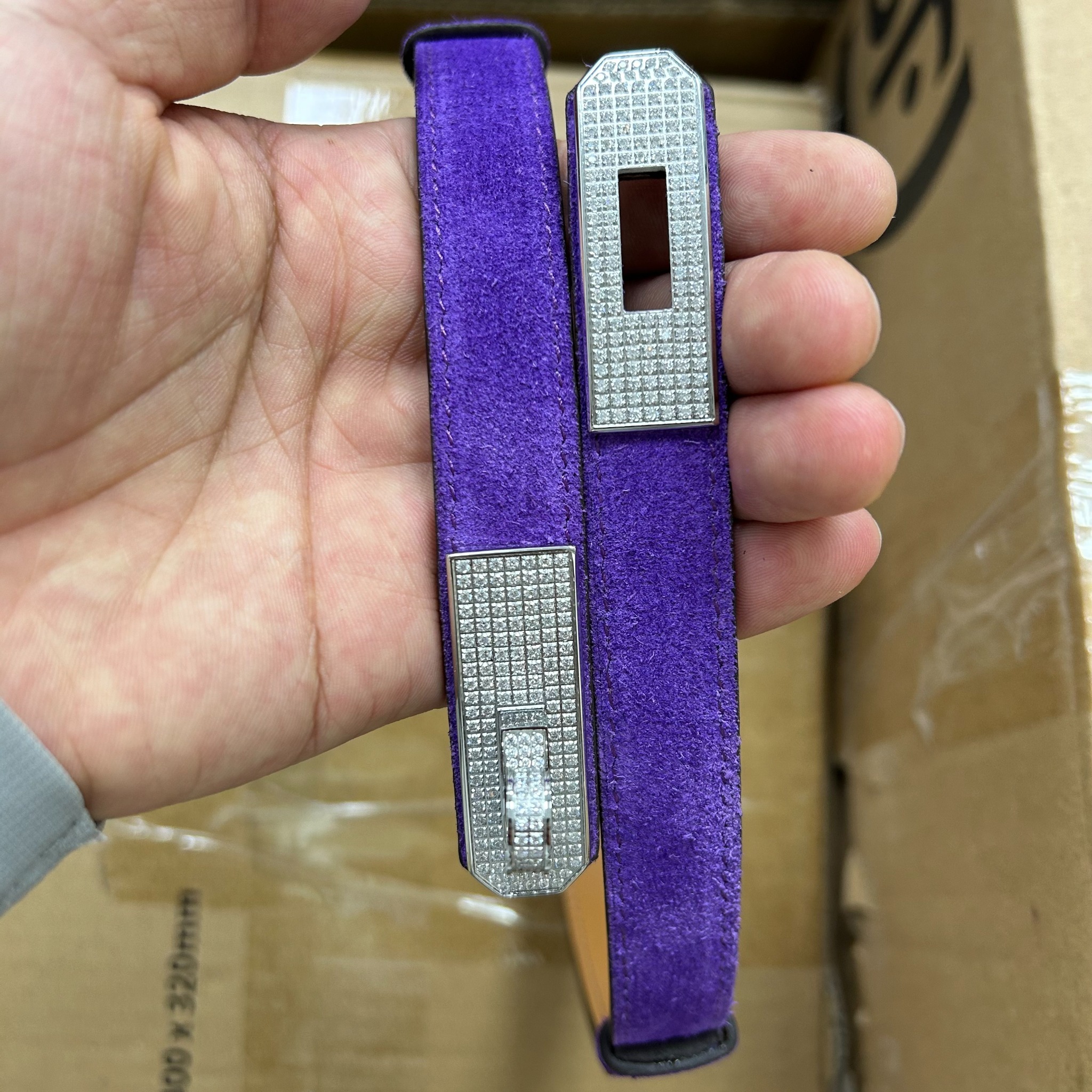 Purple slim suede belt with silver crystal lock buckle