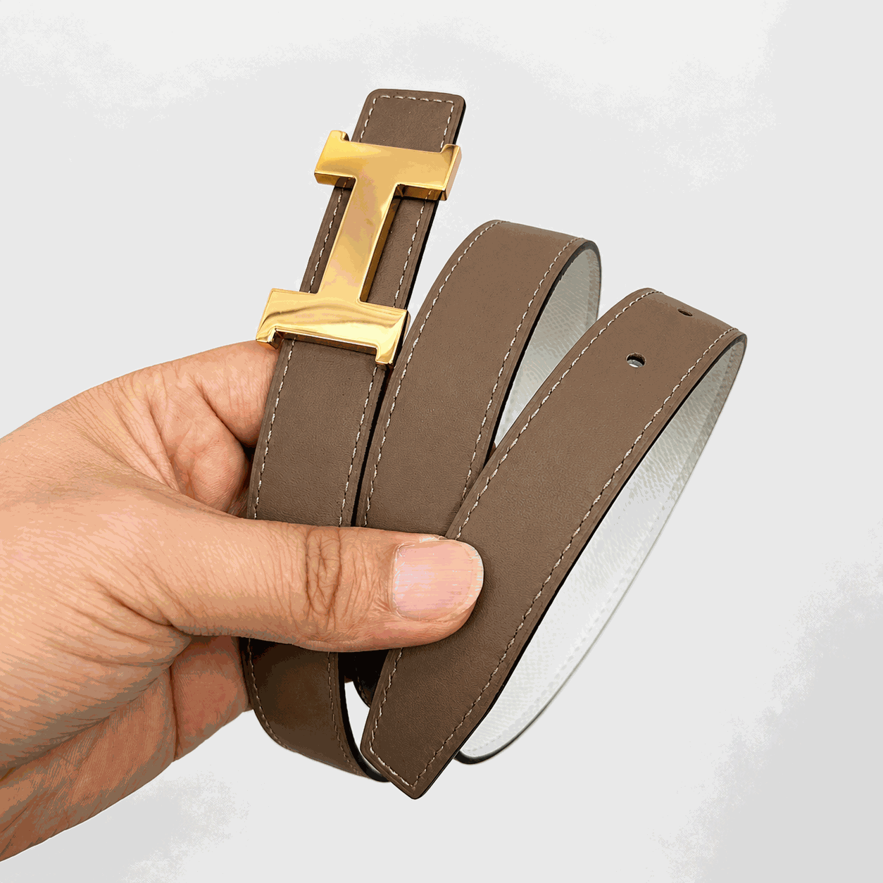 Taupe leather replacement belt with gold H-style buckle
